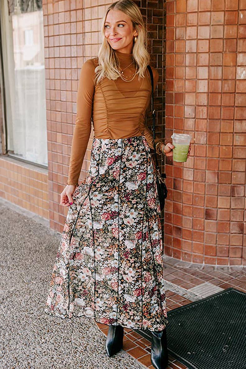 STYLISH MULTICOLOR FLORAL PRINT HIGH WAIST SKIRT