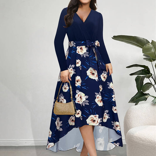 Irregular knitted dress with belt and crew neck