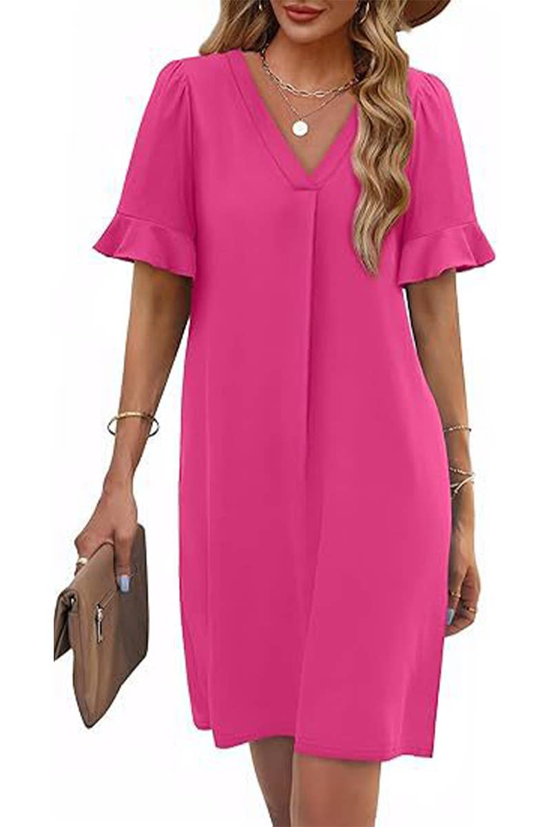 CWDSD8811_V-NECK TRUMPET SLEEVES POCKET SHORT SLEEVE DRESS
