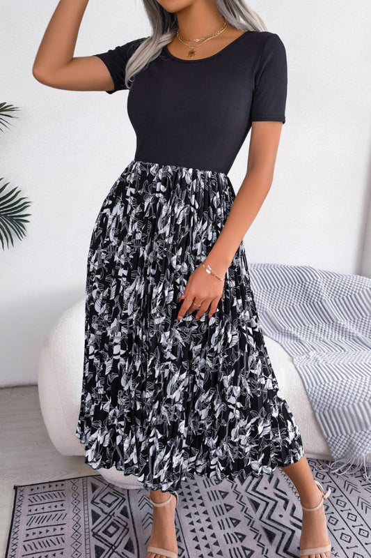 CWDMD2661_SUMMER CASUAL LEAVES HIGH-WAISTED PLEATED DRESS