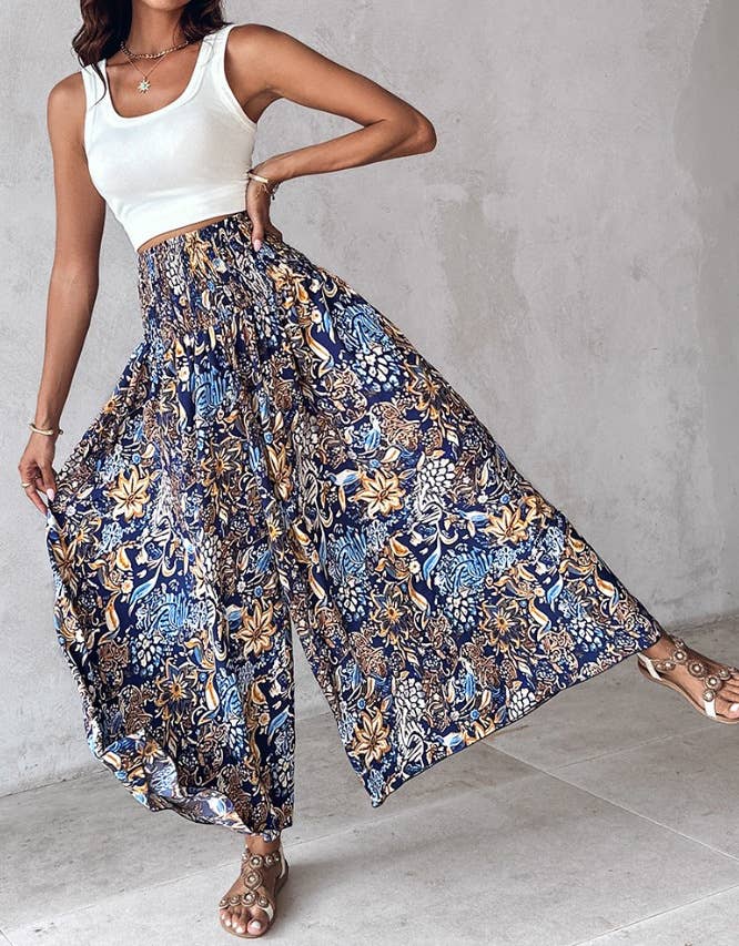 Tropical print retro floral print wide leg pants