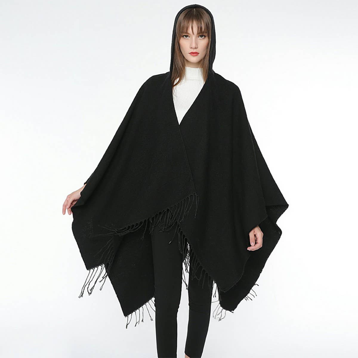 SOLID COLOR FRINGED HOODED BLANKET SHAWL CLOAK_CWASC0314