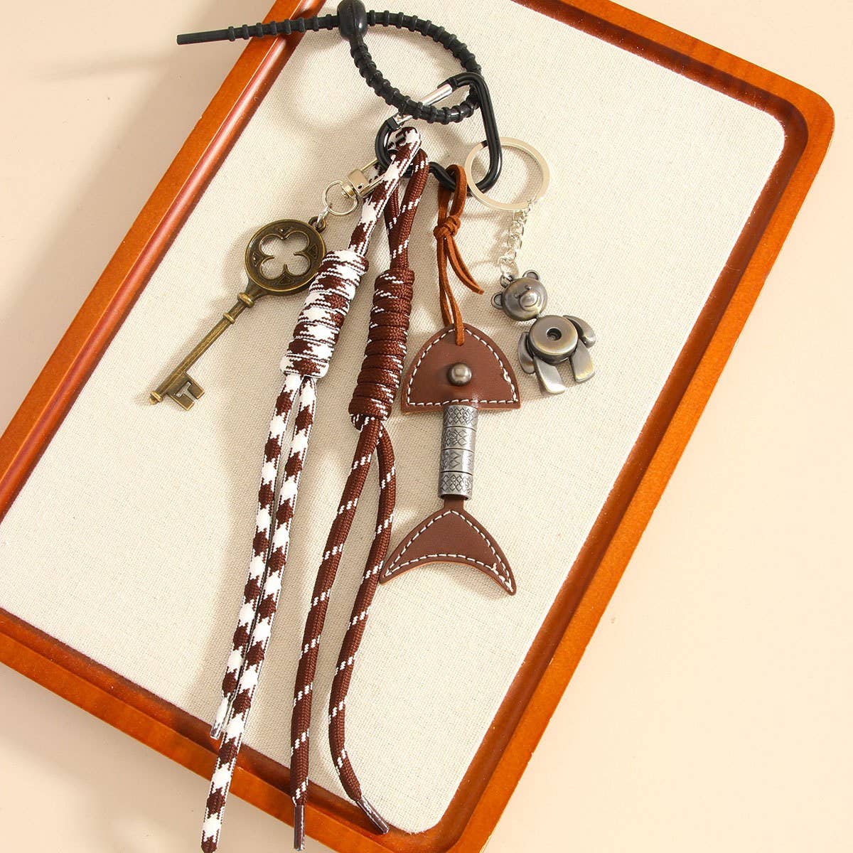 Vintage Leather Fishbone Bear Keychain Charm