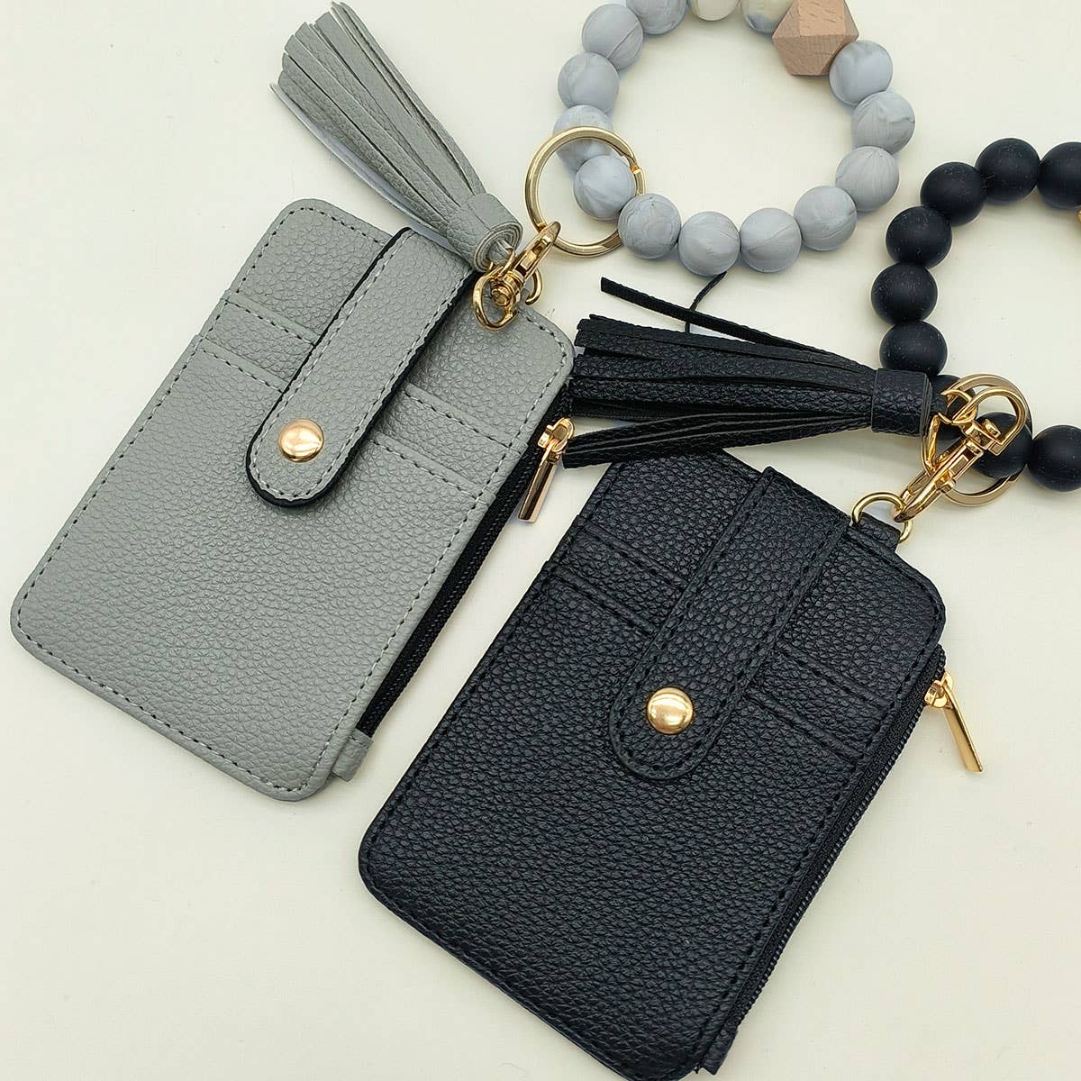SILICONE BRACELET LEATHER WALLET TASSEL KEYCHAIN