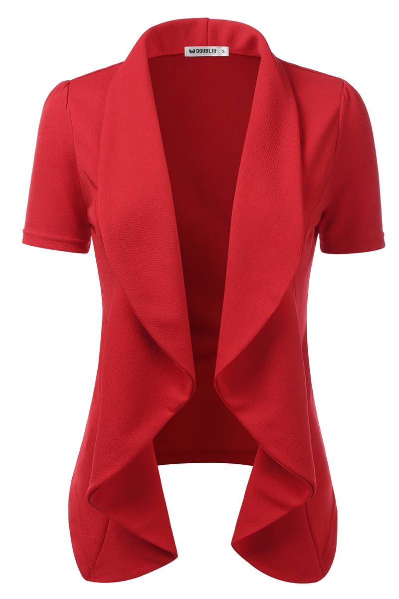 CWOBL095-P_Short Sleeve Open Front Draped Ruffles Blouses