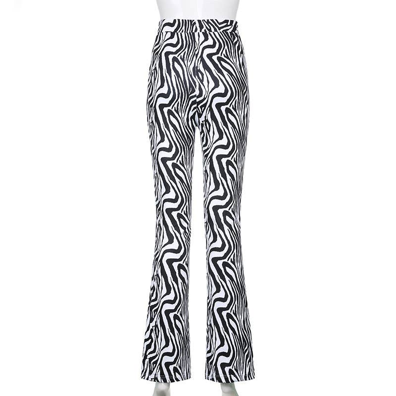 Elastic-waisted zebra-print stretch casual flares