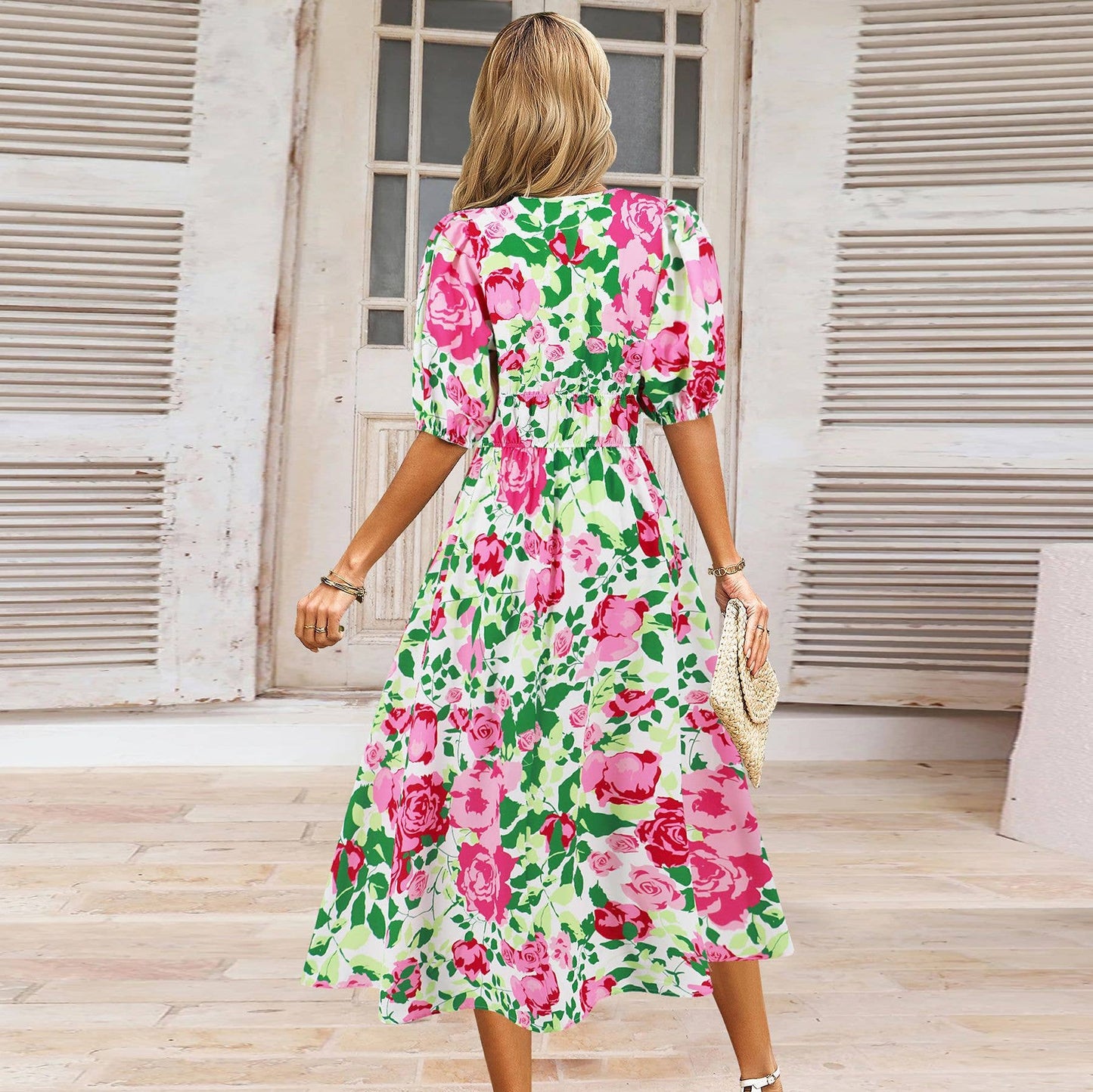 Boho V-Neck Floral Maxi Dress With Waist Tie_Cwdmd5284