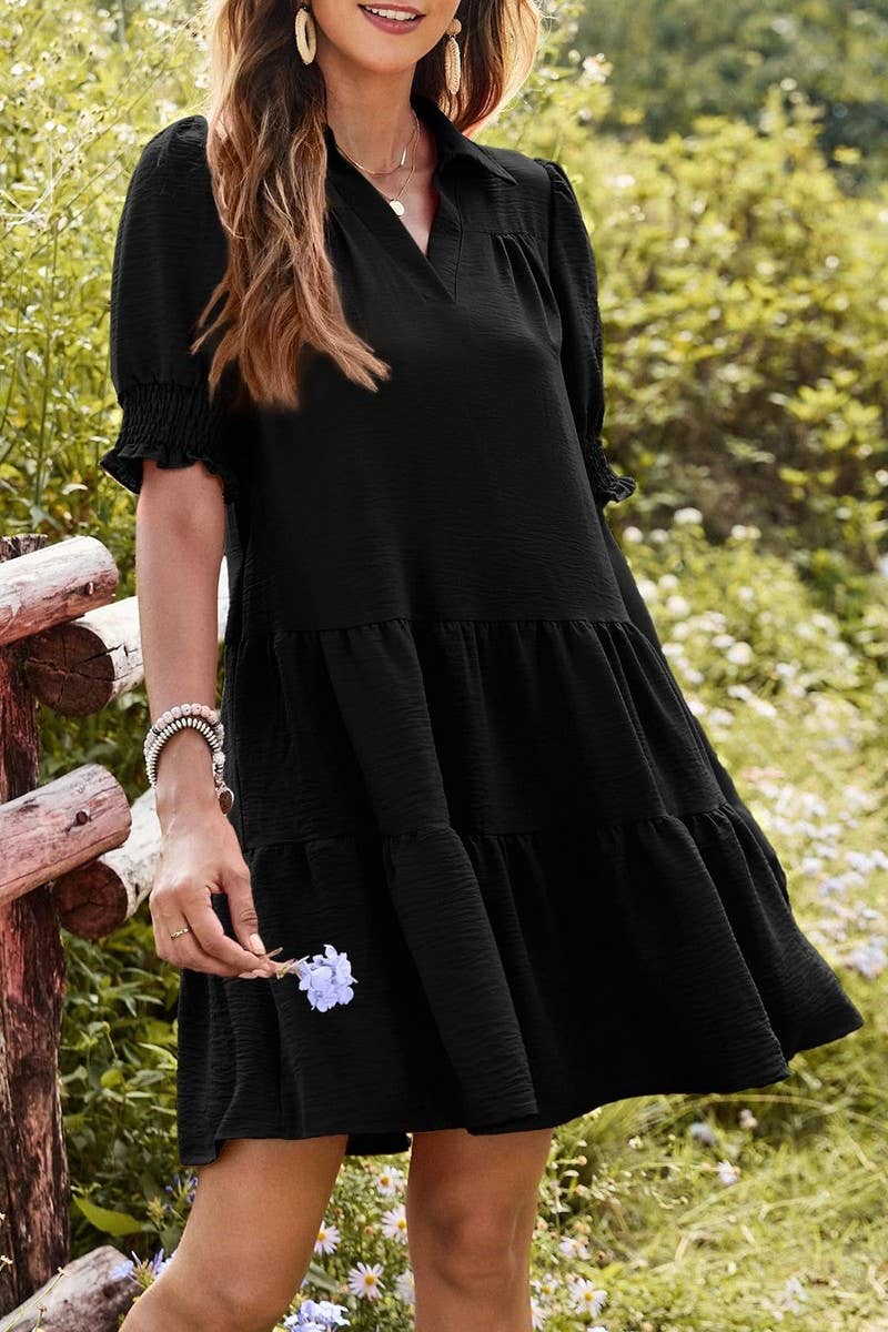 CWDSD7572_SUMMER PLEATED V-NECK SOLID COLOR SLEEVE DRESS