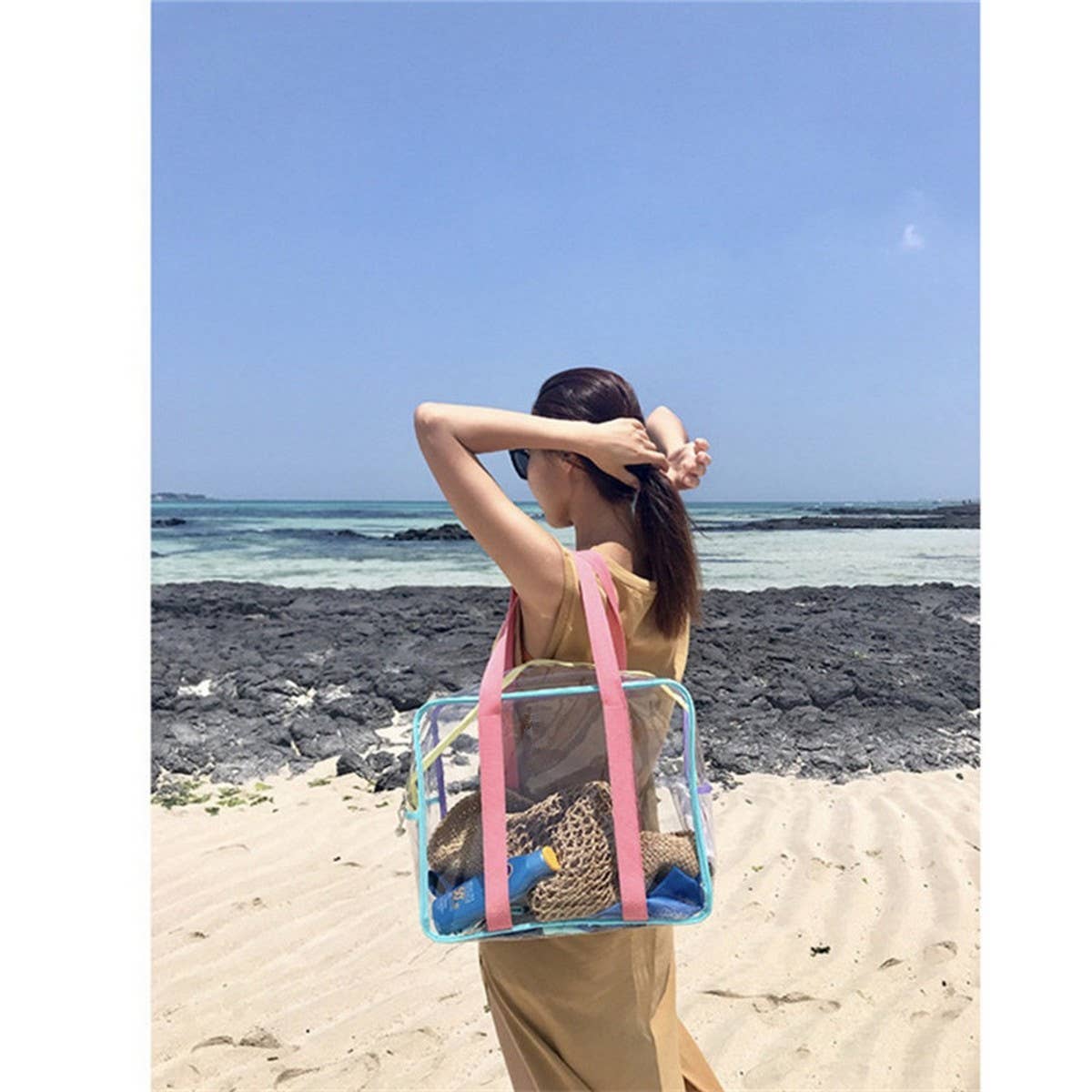 TRANSPARENT BEACH BAG WITH COLORFUL SHOULDER STRAPS_CWAB1923