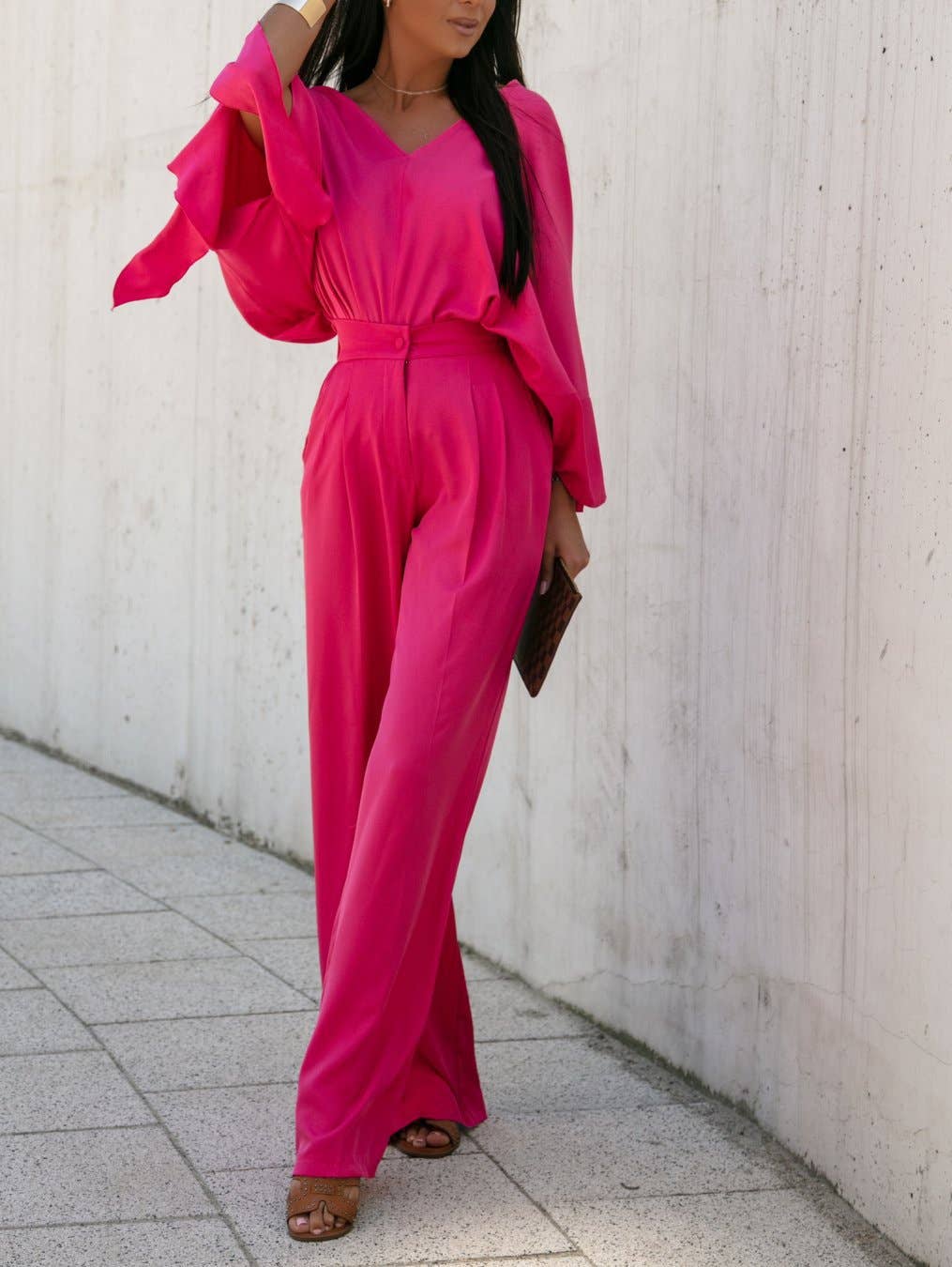 Solid-color fashionable V-neck tie pants set