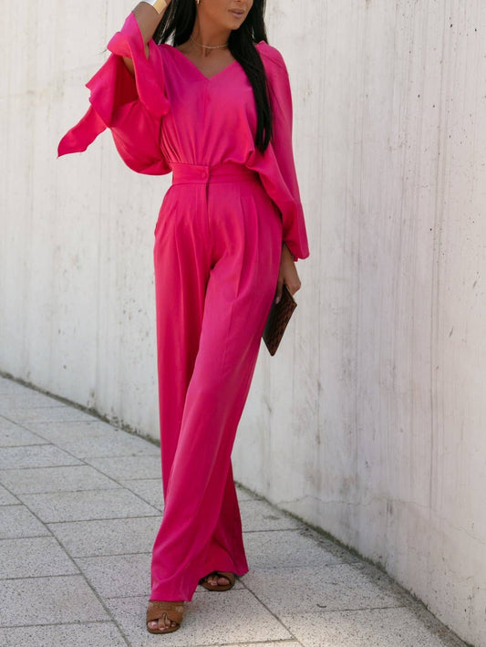 Solid-color fashionable V-neck tie pants set