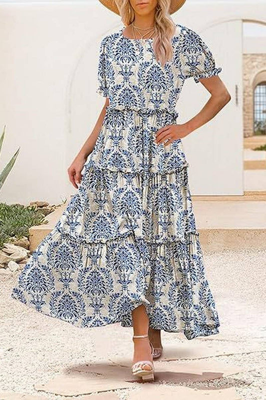 CWDMD6366_ROUND NECK PUFF SLEEVE RUFFLE PRINTED DRESS