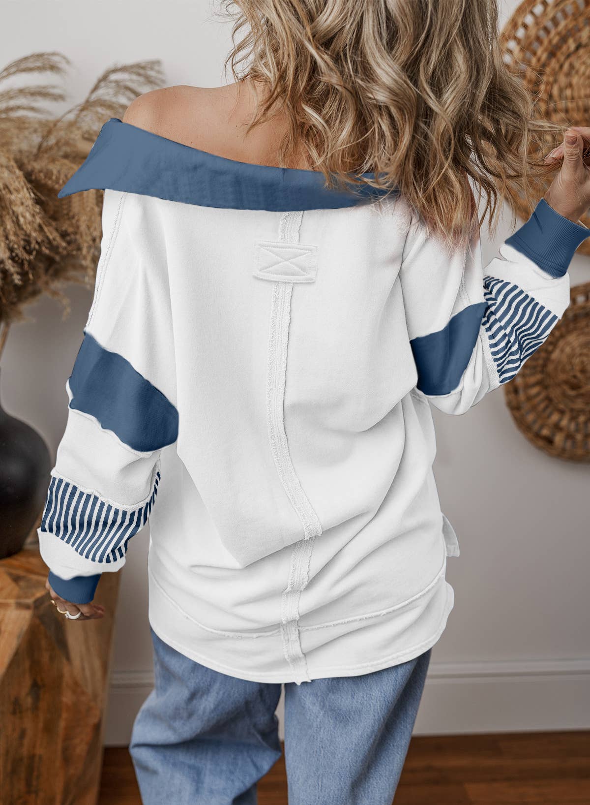 Deep V-Neck Striped And Colored-Color Hoodie