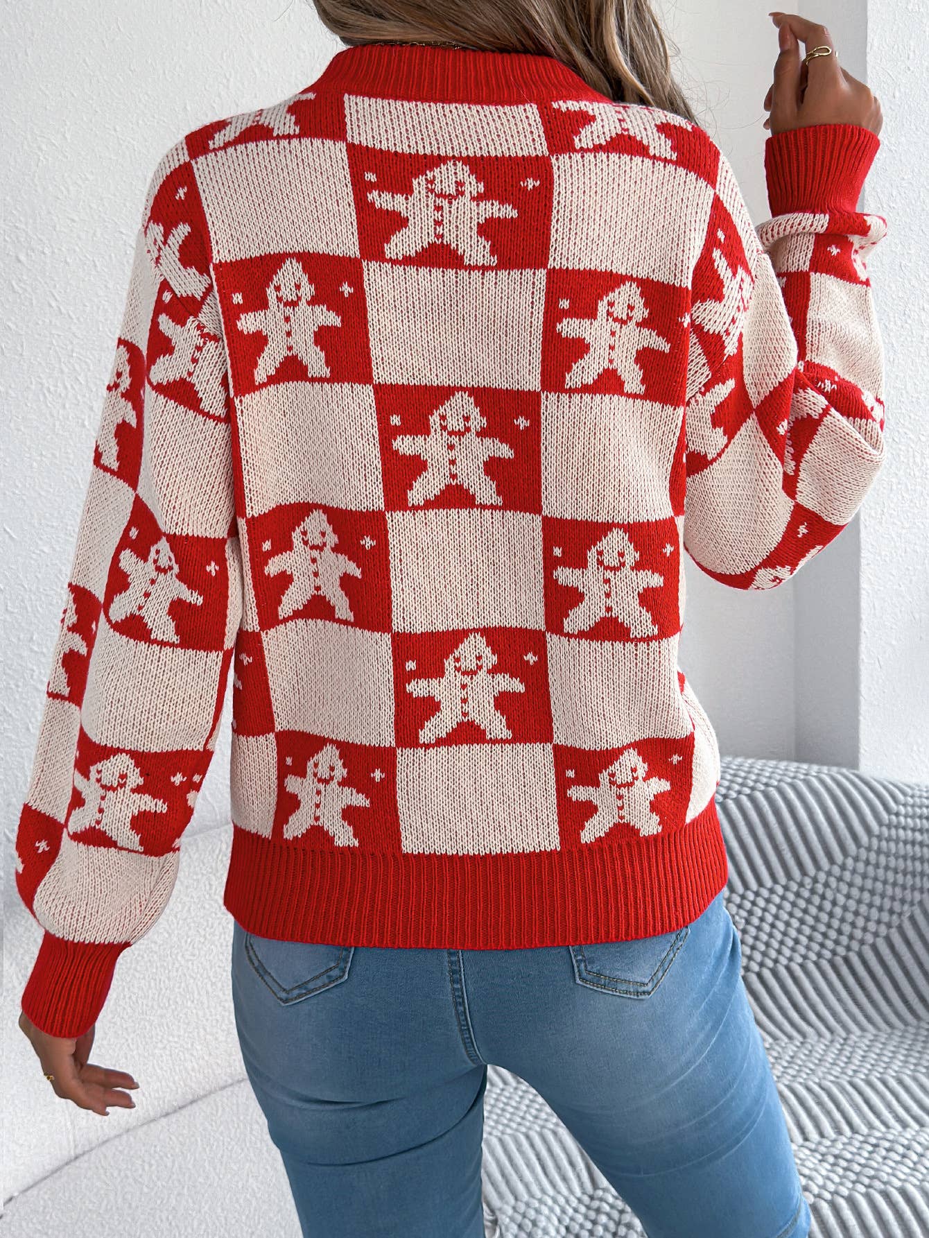 Snowman checkered lantern long-sleeved sweater