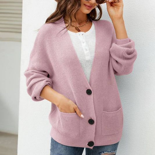 Temperament V-neck loose solid color knit cardigan