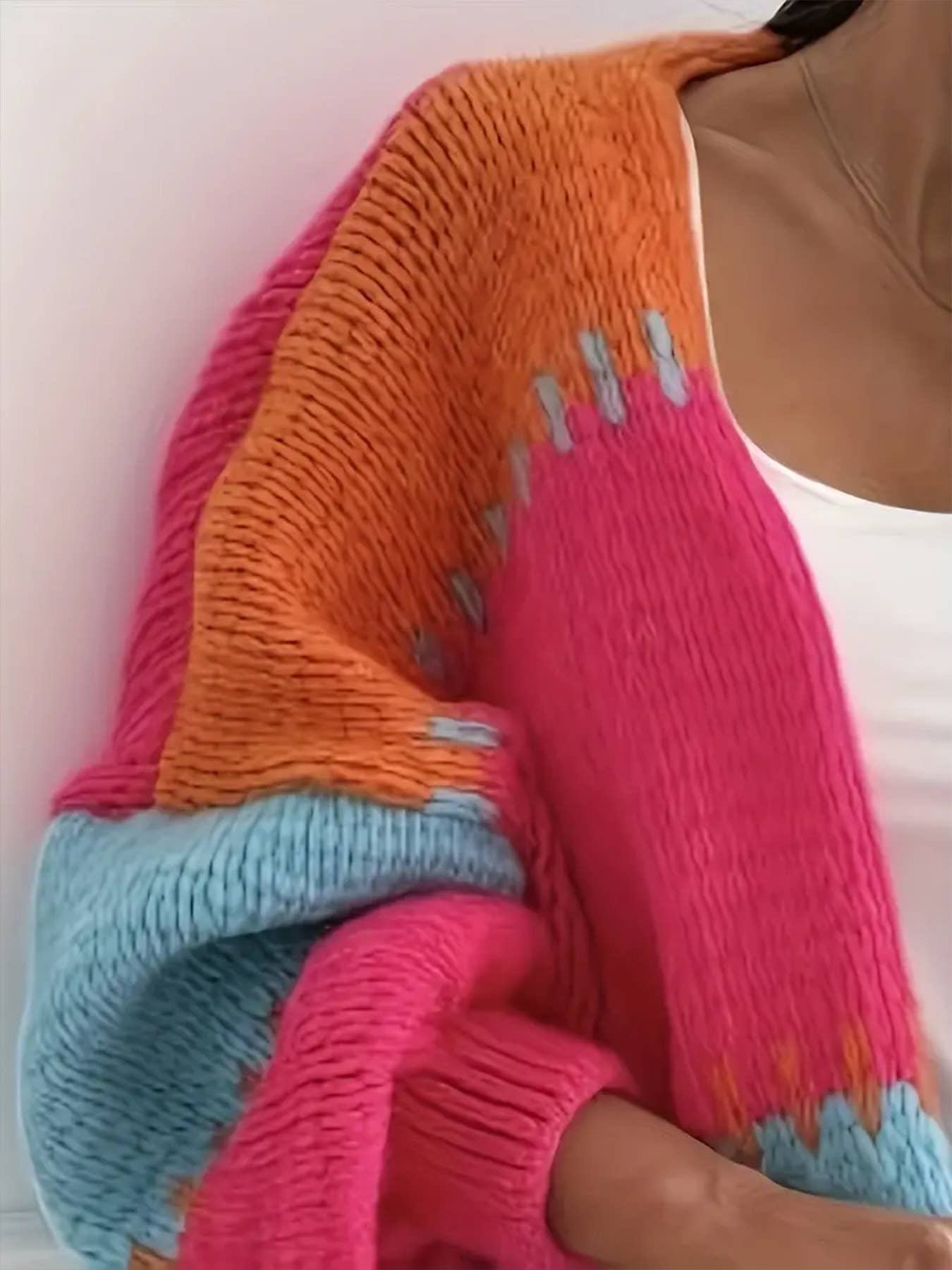 Lantern sleeves color-blocking knit cardigan