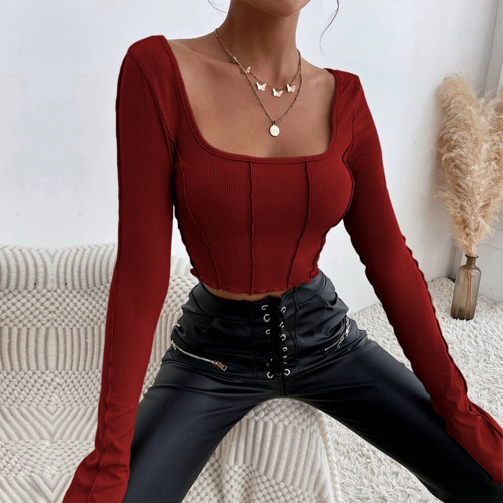 SLIM-FIT SQUARE COLLAR PULLOVER KNITTED TOP