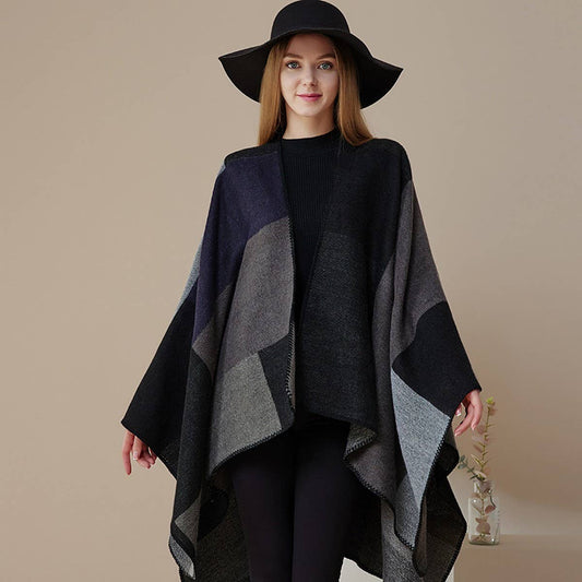 DOUBLE-SIDED PLAID FAUX CASHMERE SHAWL CAPE