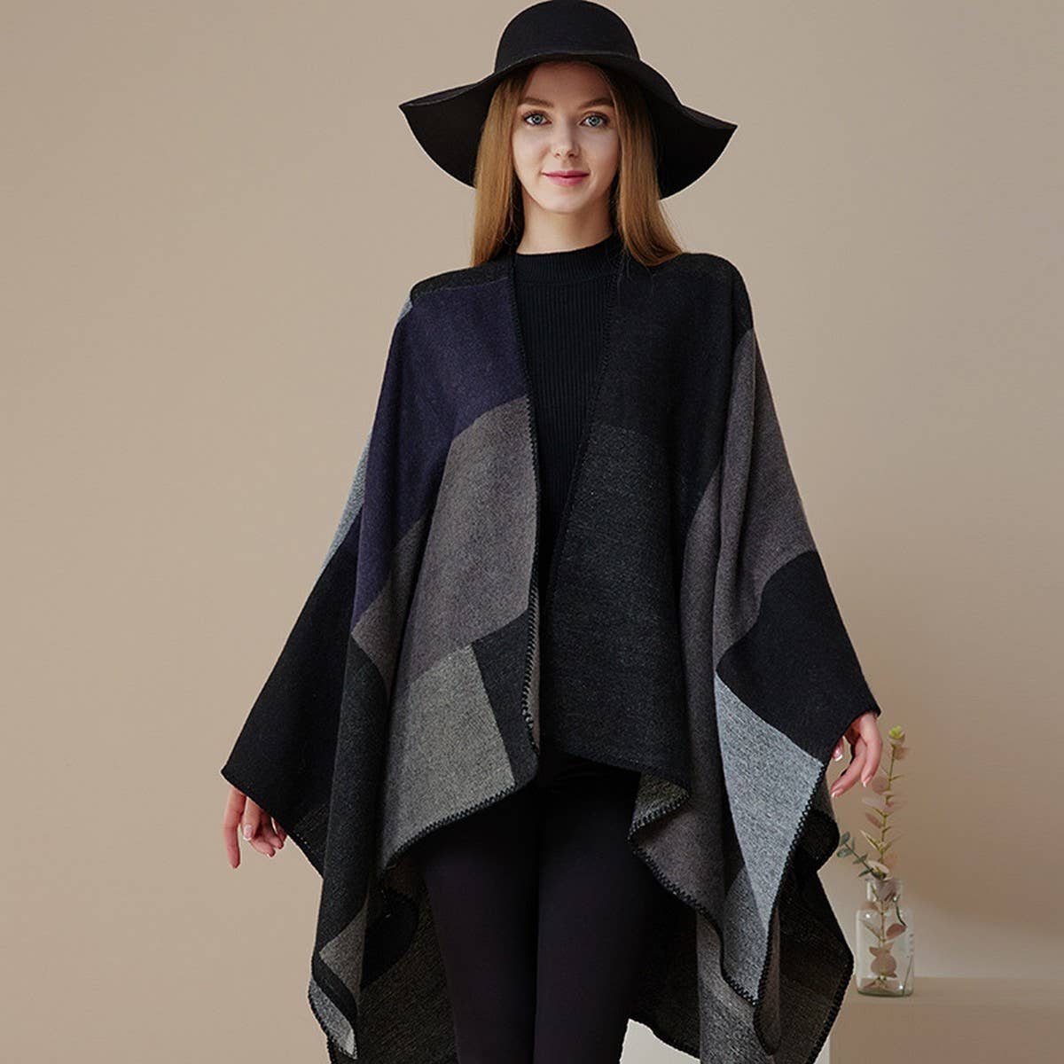 DOUBLE-SIDED PLAID FAUX CASHMERE SHAWL CAPE