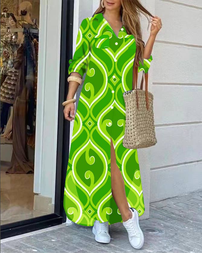 FASHION LONG-SLEEVED PRINTED SHIRTDRESS