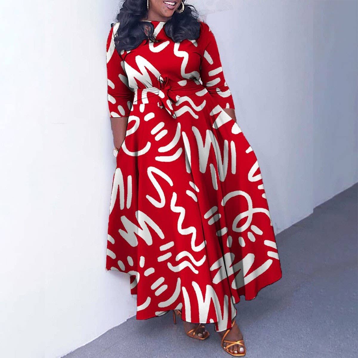 FASHIONABLE PRINTED LACE-UP OVERSIZED DRESS