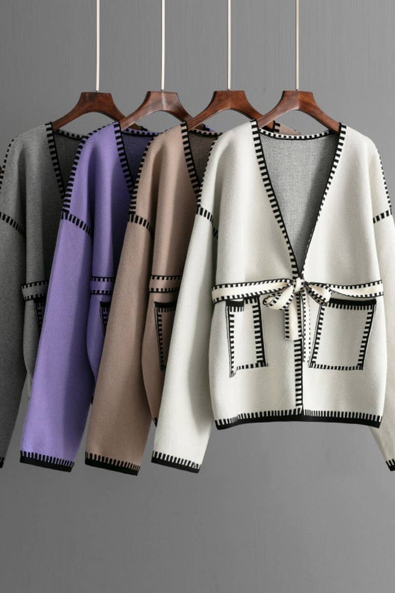 CWOCAL00666_TIE WAIST LONG SLEEVE CASUAL KNIT CARDIGAN