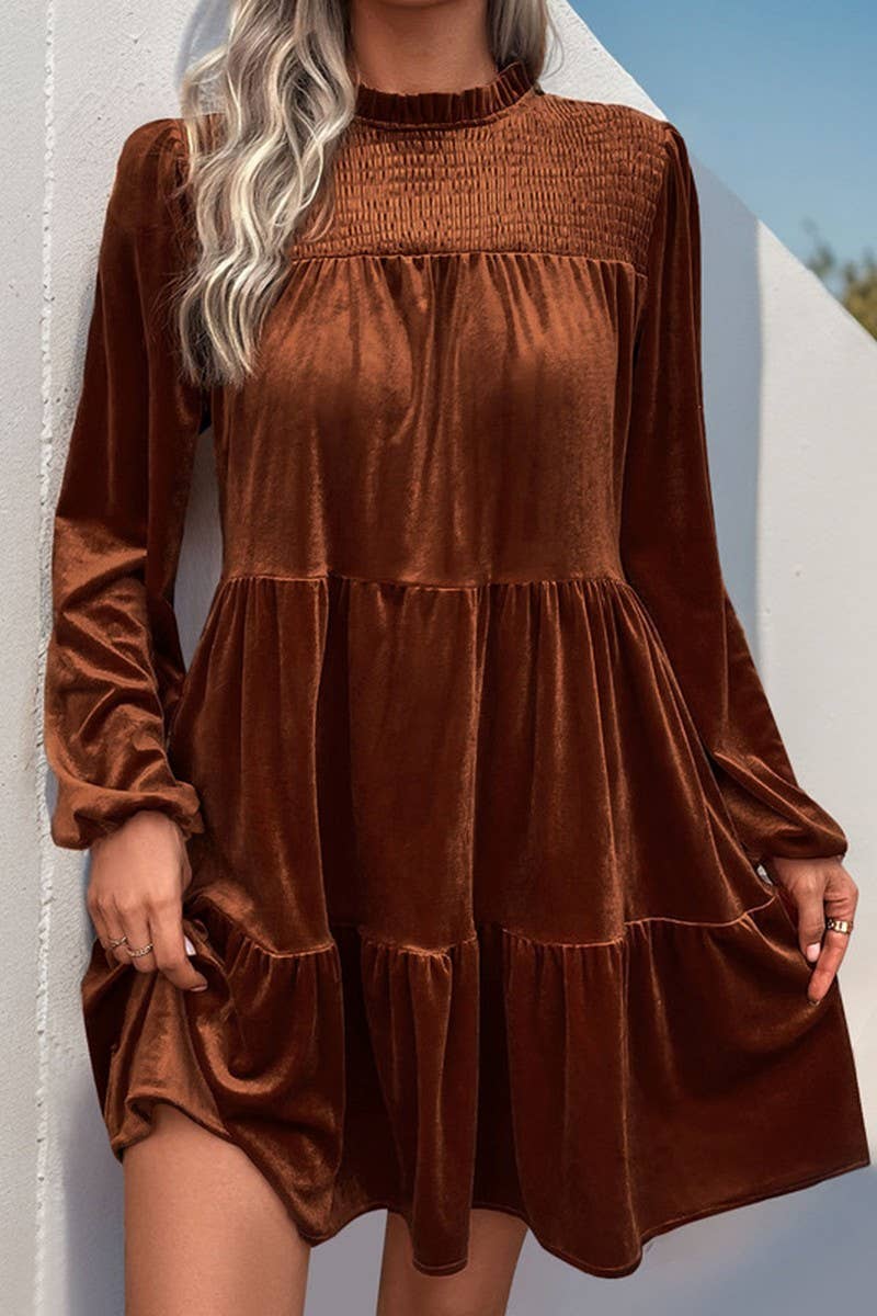 CWDSD6206_SOLID COLOR GOLD VELVET LONG SLEEVE DRESS