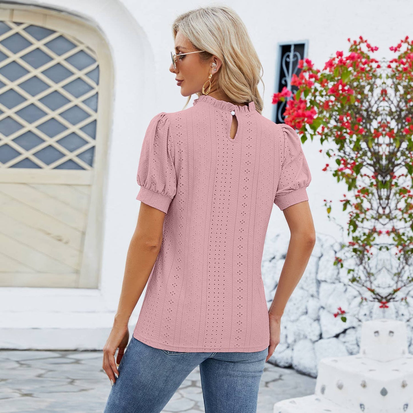 RUFFLE SHIRT WITH LACE COLLAR AND PUFFY SLEEVES