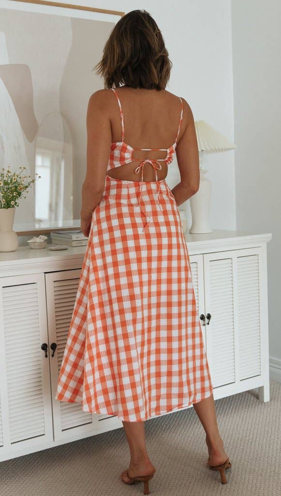 Plaid Cutout Front Backless Maxi Dress