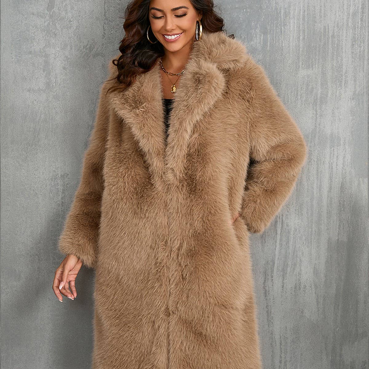 Thick Faux Fox Fur Long Coat with Lapel