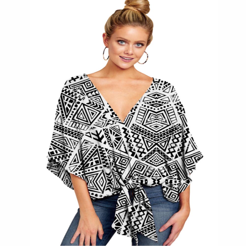 V-neck knotted printed loose sleeved top