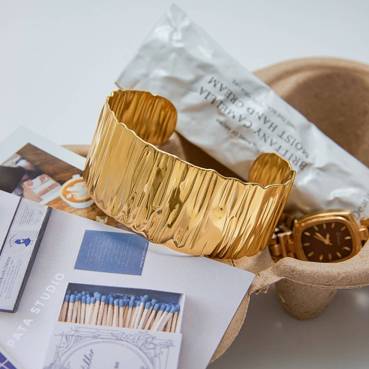 Minimalist 18K Gold Wide Textured Open Cuff