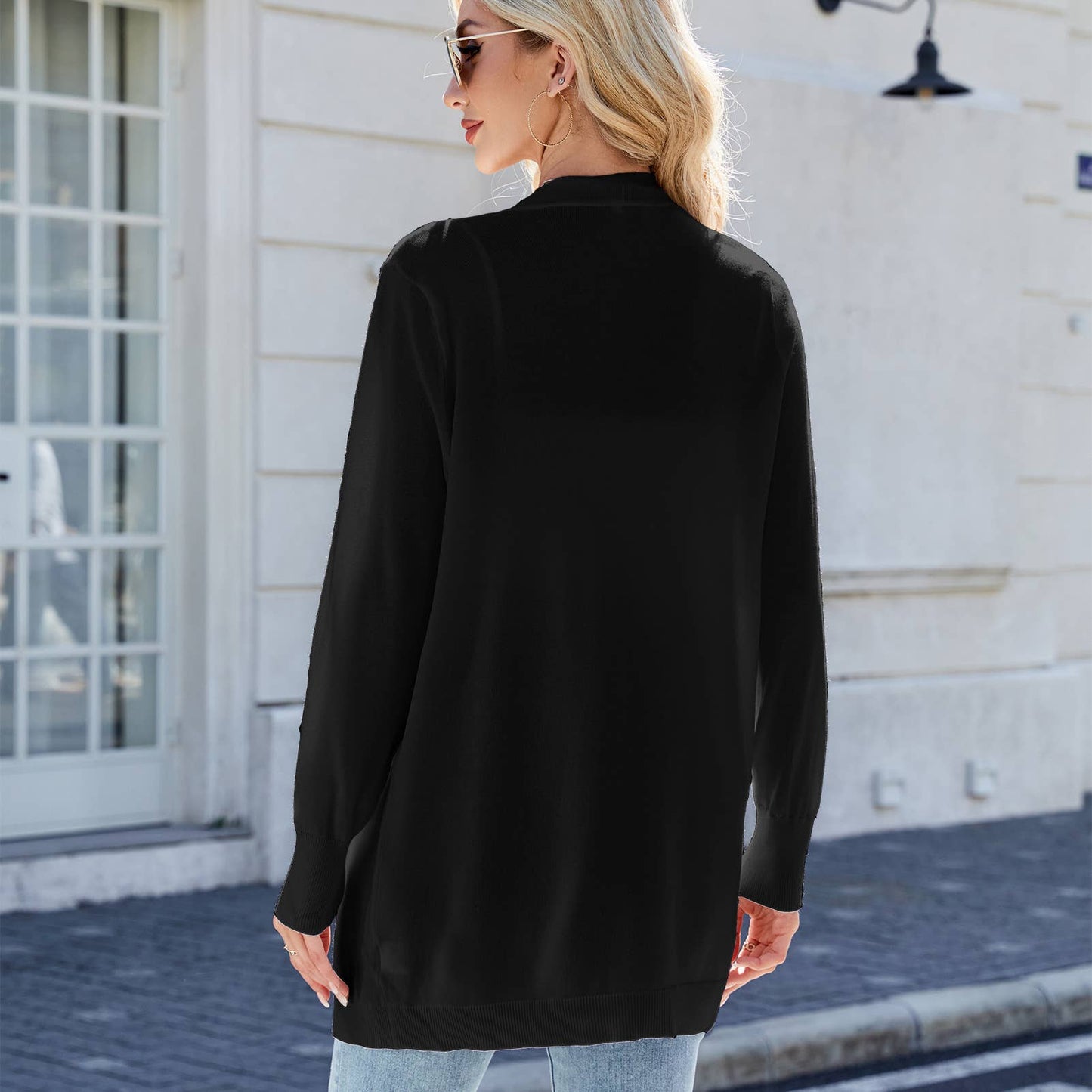 Long knitted striped cardigan without buttons