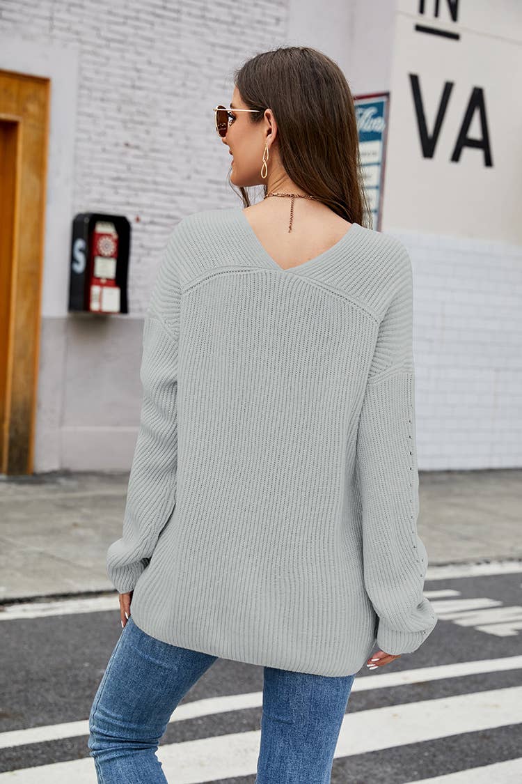V-neck casual pullover loose solid color knit sweater