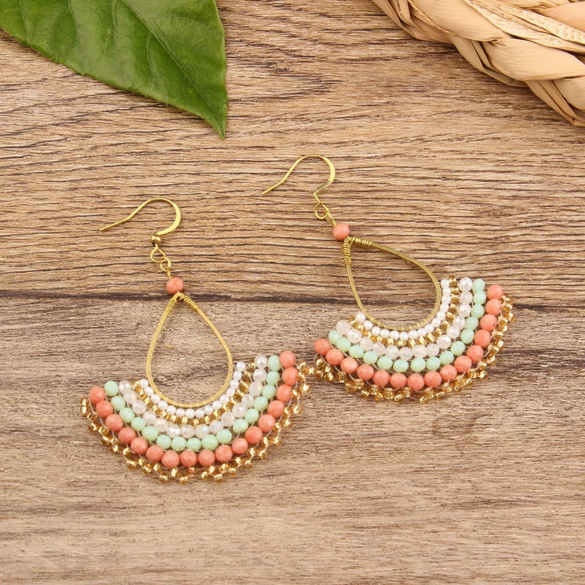 FASHIONABLE HAND-WOVEN GREEN FAN EARRINGS