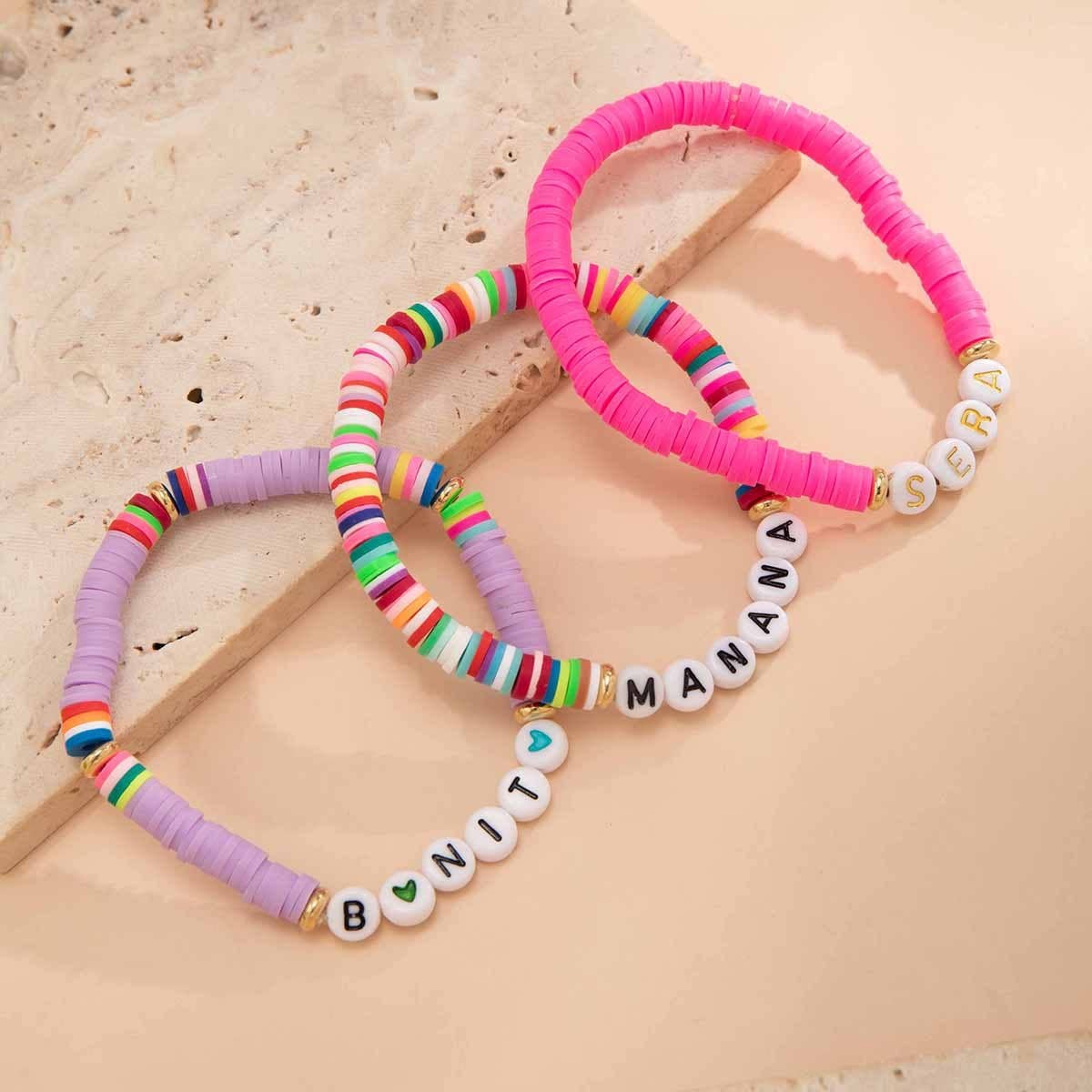 COLORFUL LETTER BOHEMIAN STAR BALL BRACELET SET