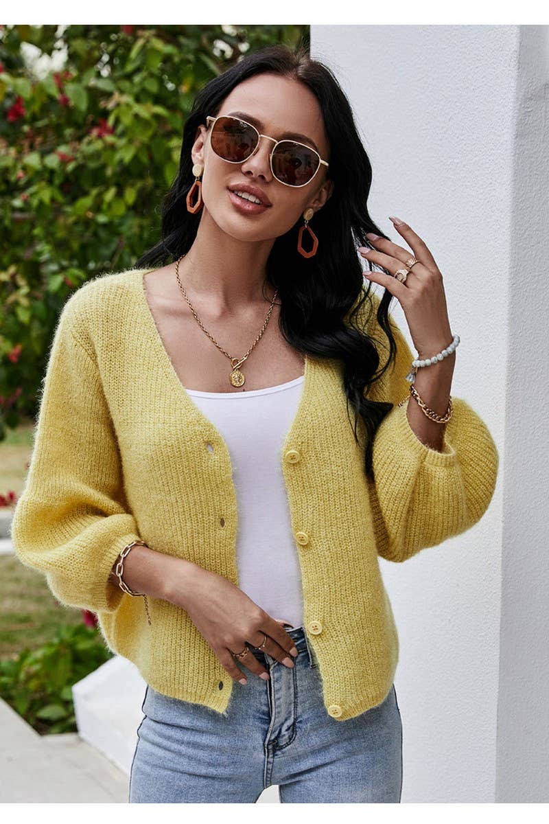 CWOCAL0792_V-NECK 3/4 SLEEVES SHORT KNITTED CARDIGAN