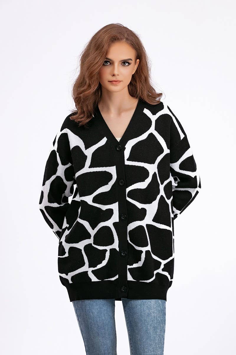 CWOCAL00664_JACQUARD KNIT V NECK LONGLINE CARDIGAN