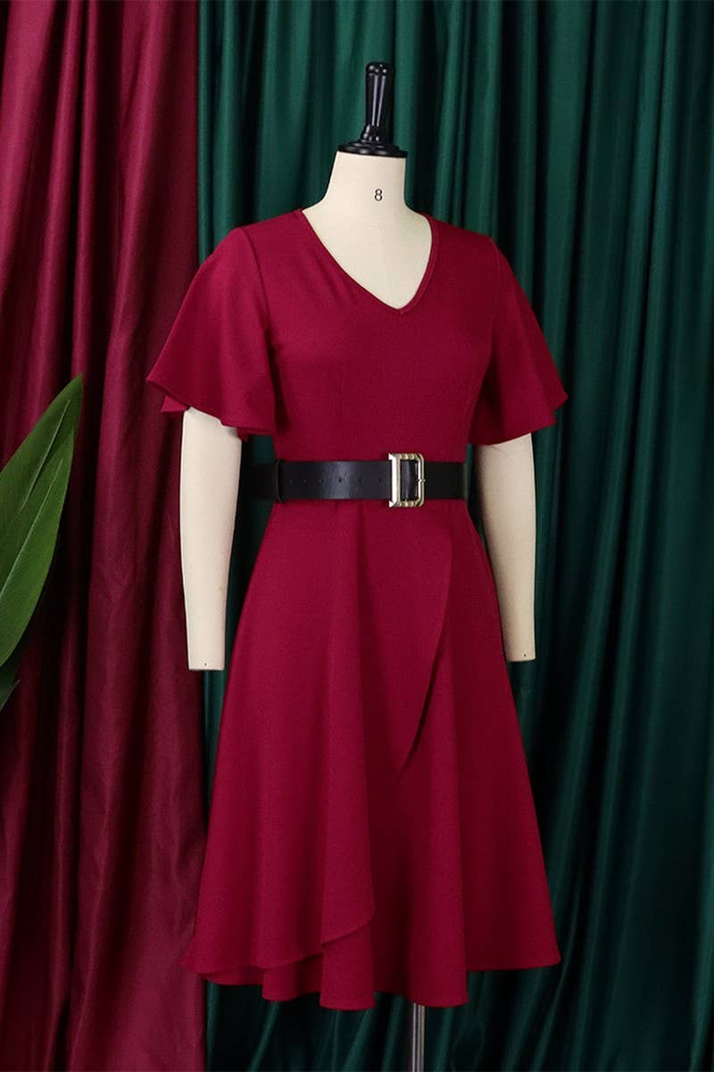 CWDSD3579_PLUS SIZE BELL SLEEVE SOLID COLOR MIDI DRESS