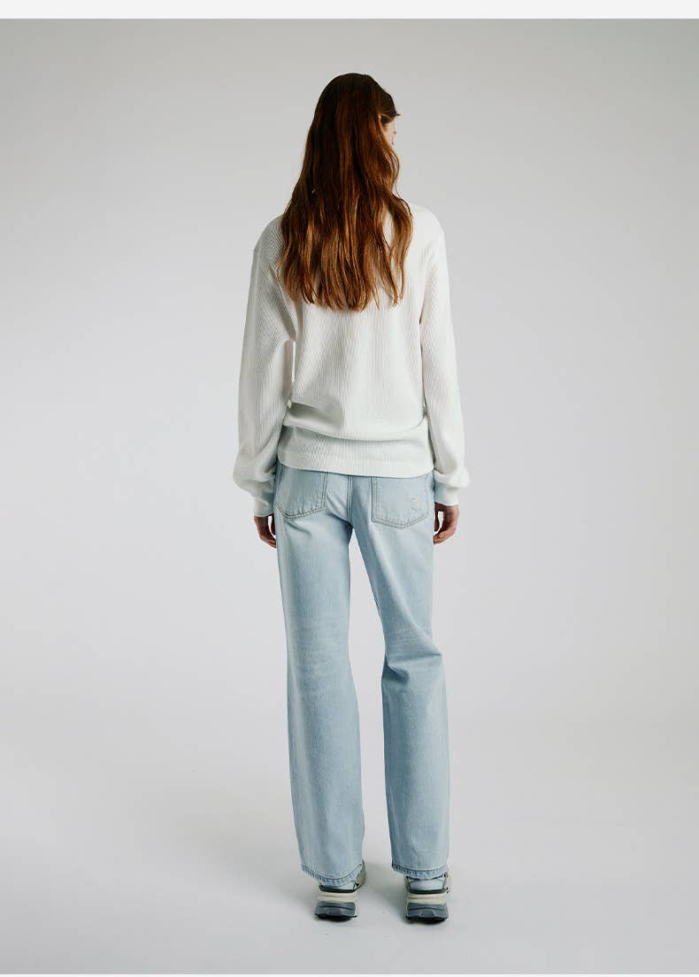 Waffle round-neck semi-open long-sleeved T-shirt