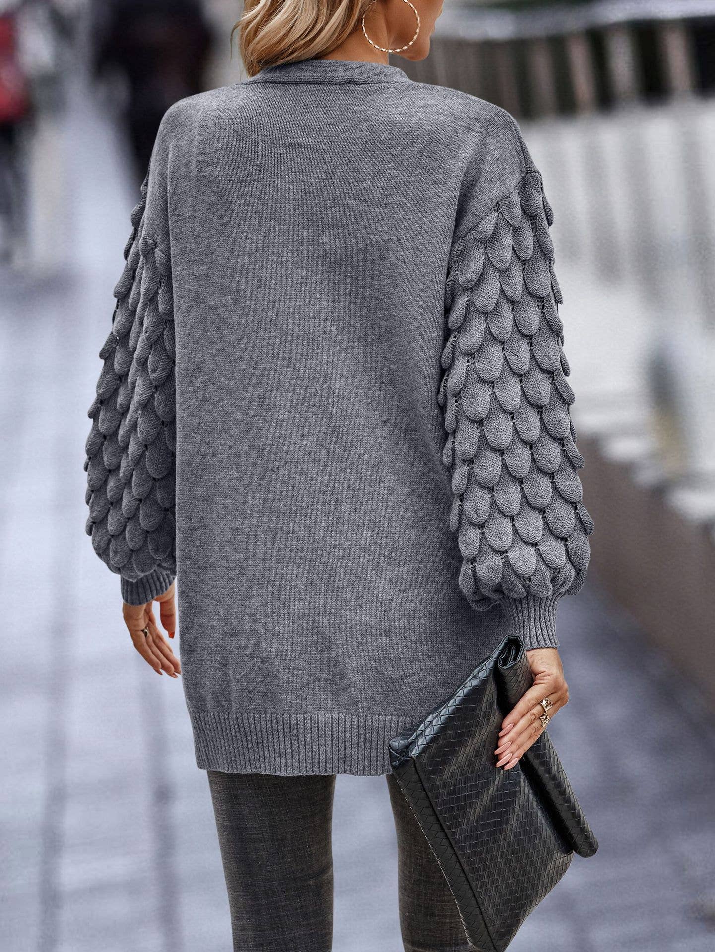 FEATHERED V-NECK LONG SLEEVE KNIT CARDIGAN