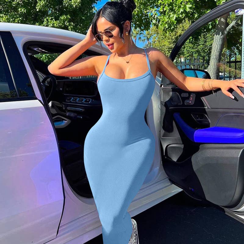 Sexy slim drop pit strip long halter dress