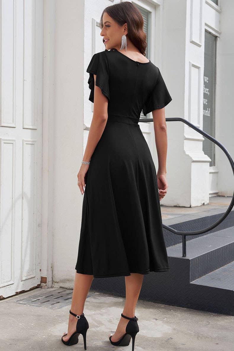 ELEGANT TEMPERAMENT LOTUS SLEEVE V-NECK DRESS