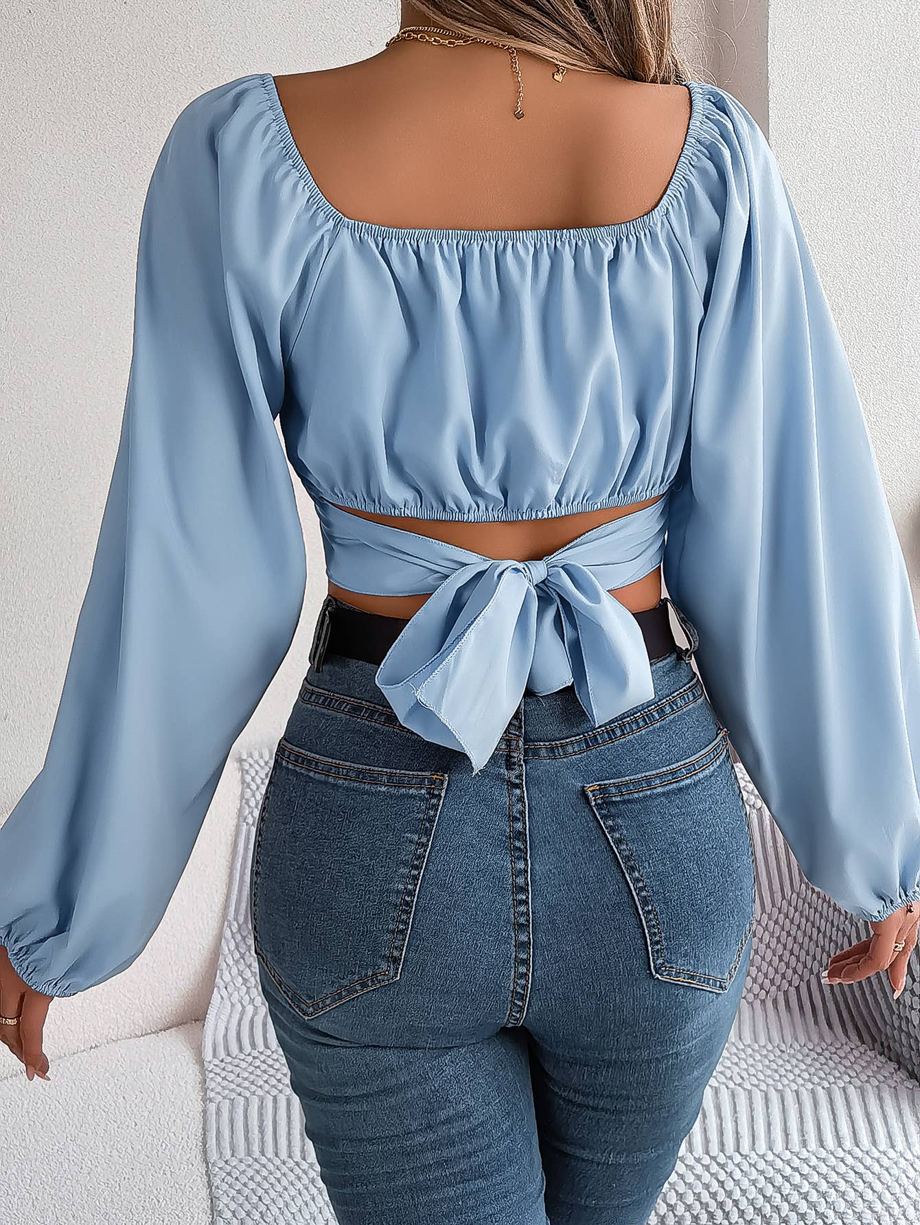 LANTERN SLEEVE LACE-UP WAIST CHIFFON CROP TOP