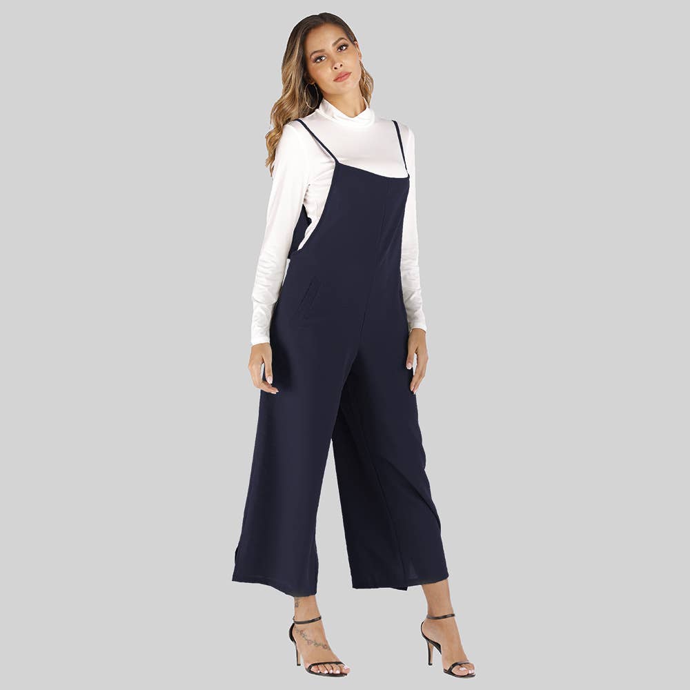 Solid-color straight-leg overalls jumpsuit
