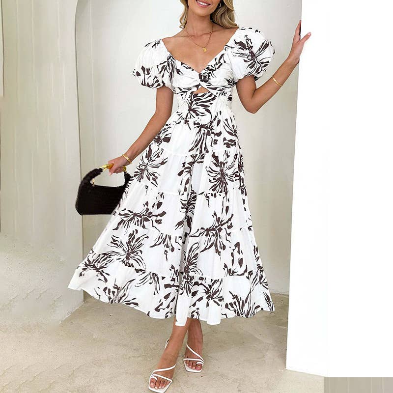 Sweet off-the-shoulder print puffy sleeve dress