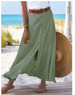 Slit A-line mid-waist single breasted long skirt