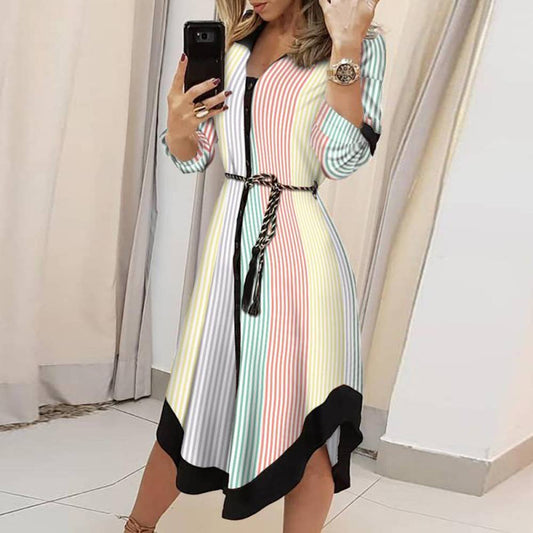 STRIPED LAPEL LONG-SLEEVED DRESS WITH LACE-UP