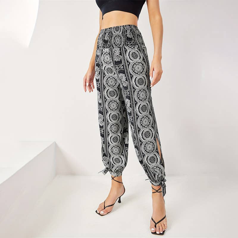 Elegant print thigh-slit wide-leg corset trousers