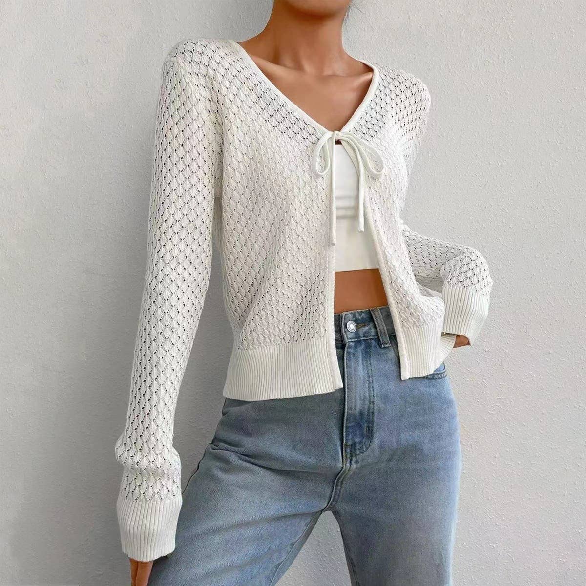 Lace-up cutouts long-sleeved knitted cardigan